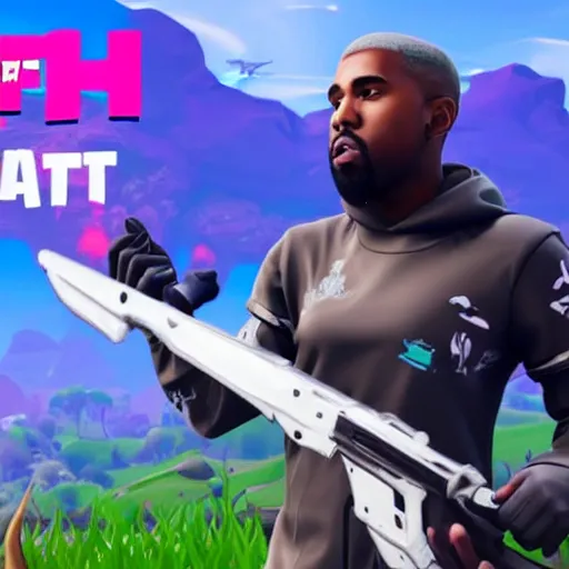 Image similar to streamer XQC playing with the new kanye west skin in fortnite gameplay, full hd 60 fps