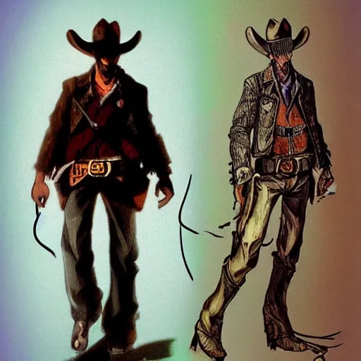 Prompt: spaghetti western, mexican vaquero, yoshitaka amano character design