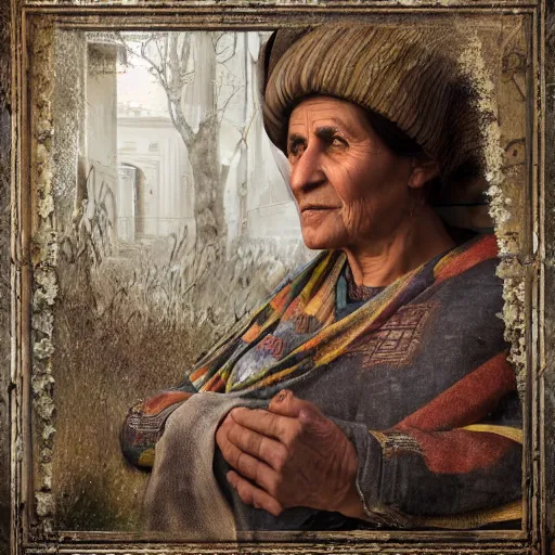 Image similar to hyperrealistic mixed media high resolution image of a beautiful Kurdish grandmother, stunning 3d render inspired art by István Sándorfi and Greg Rutkowski and Unreal Engine, perfect symmetry, dim volumetric lighting, 8k octane beautifully detailed render, post-processing, extremely hyper-detailed, intricate, epic composition, highly detailed attributes, highly detailed atmosphere, full body shot, cinematic lighting, masterpiece, trending on artstation, very very detailed, masterpiece, stunning, flawless structure, lifelike texture, perfection,