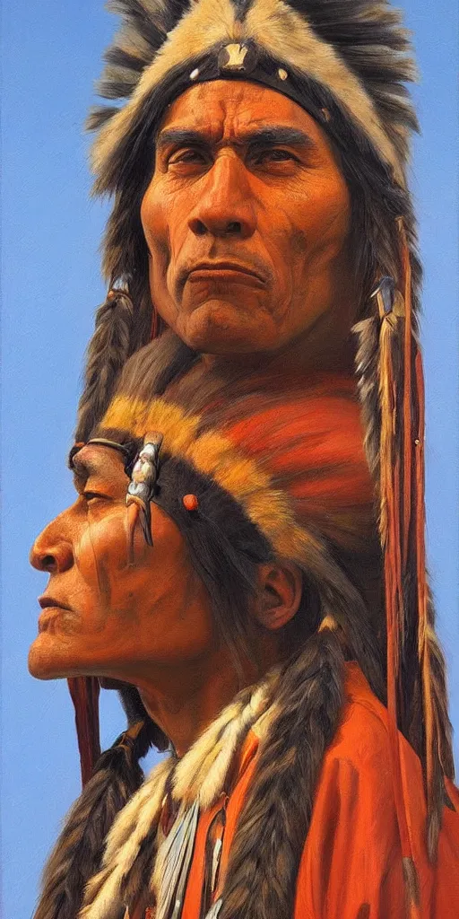 Image similar to a stunning and noble highly detailed portrait of a native american warrior by josep tapiro baro and edward hopper, trending on artstation, oil painting masterpiece, symmetry, mysterious, very very very aesthetic