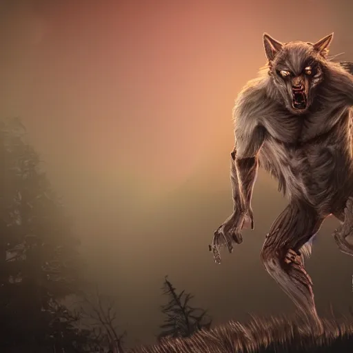 Image similar to man ripping off his skin turning into a werewolf, forest scenery, full moon, illuminated lighting, highly detailed, 4 k