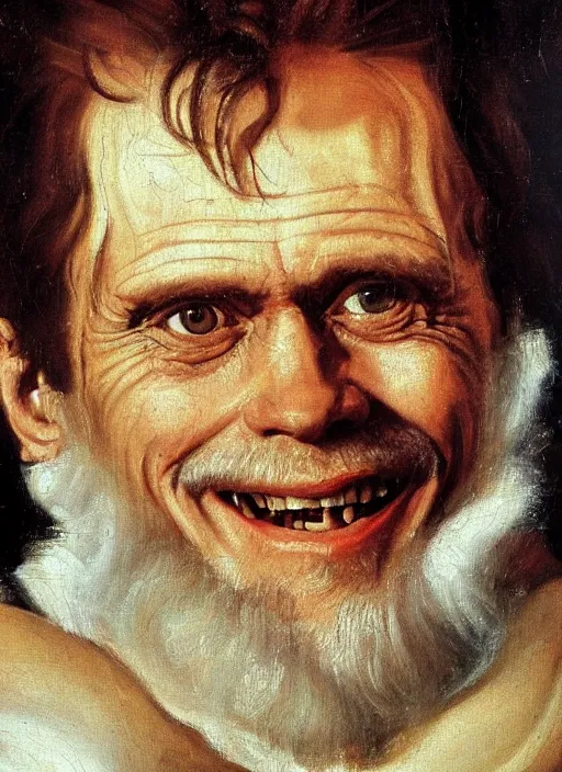 Image similar to portrait painting of willem dafoe with stubble smiling warmly, renaissance oil painting, studious chiaroscuro