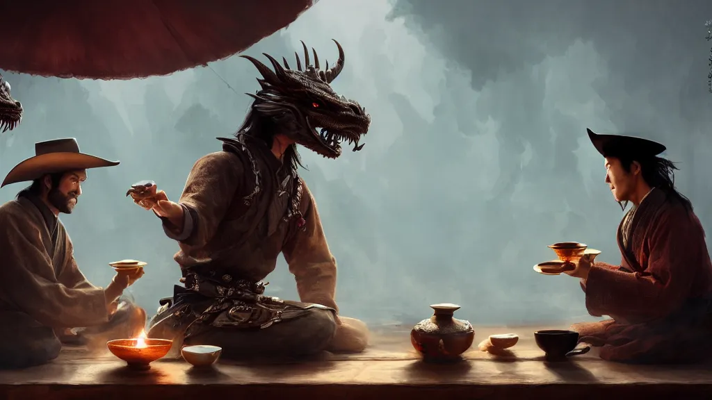 Prompt: Tea ceremony between a Western cowboy and a dragon, high fantasy concept art, cinematic, 4k, trending on ArtStation