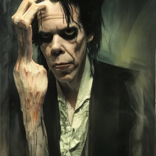 Prompt: nick cave as dream from sandman, dim stars as eyes, by jeremy mann, by cedric peyravernay, by ben templesmith, by dave mckean and richard avedon, dramatic lightning, sadness, dark eye sockets, in the shadows, punk rock, gothic, high detailed, 8 k