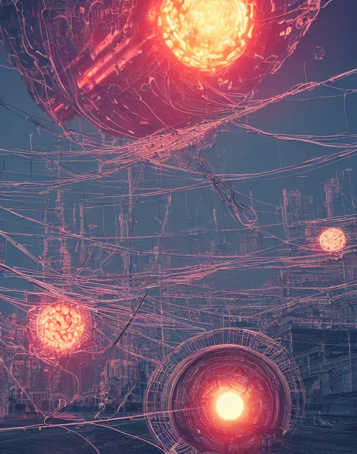 Prompt: Nuclear core being help up by wires, intricate abstract. delicate artwork. by Tooth Wu, wlop, beeple, dan mumford. octane render, trending on artstation, greg rutkowski very coherent symmetrical artwork. cinematic, hyper realism, high detail, octane render, 8k, depth of field, bokeh. chrome accents.