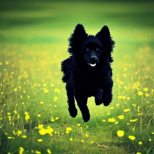 Image similar to Black fluffy dog running in the fields, hyper realistic, Digital art