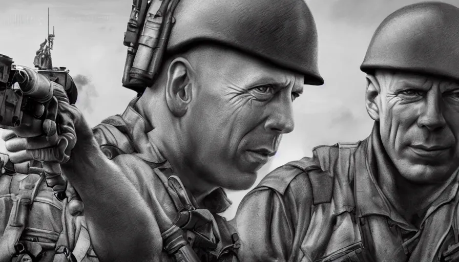 Image similar to black and white 4 0's photos of bruce willis during d - day in omaha beach, hyperdetailed, artstation, cgsociety, 8 k