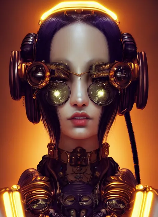 Image similar to soft lustrous ebony geisha seductive raver gutter punk steampunk cyborg, yakuza, golden ratio, details, scifi, fantasy, cyberpunk city, intricate, decadent, highly detailed, octane render, digital painting, artstation, concept art, sharp focus, illustration, art by artgerm, loish, wlop