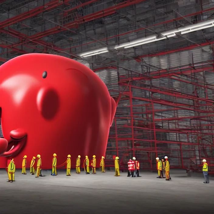 Image similar to crew of workers in red overalls building giant mickey mouse head in warehouse, octane render, 4 k ultra hd, hyper - detailed, realistic, low lighting, sharp focus, in style of beeple