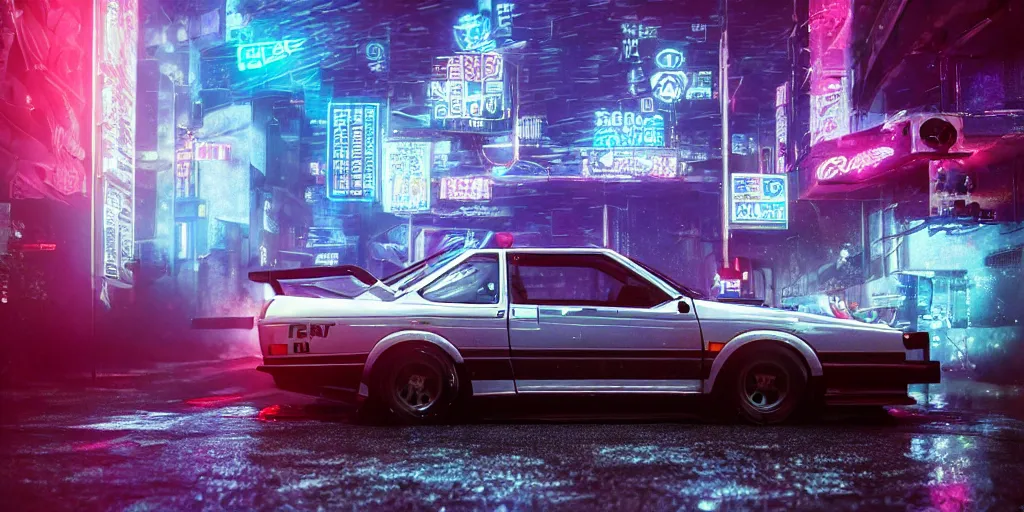 Image similar to toyota ae 8 4 sprinter trueno parked in a cyber punk alley, retrowave, synth colors, photo realistic, 8 k, rain, raytracing, reflections, neon colors,