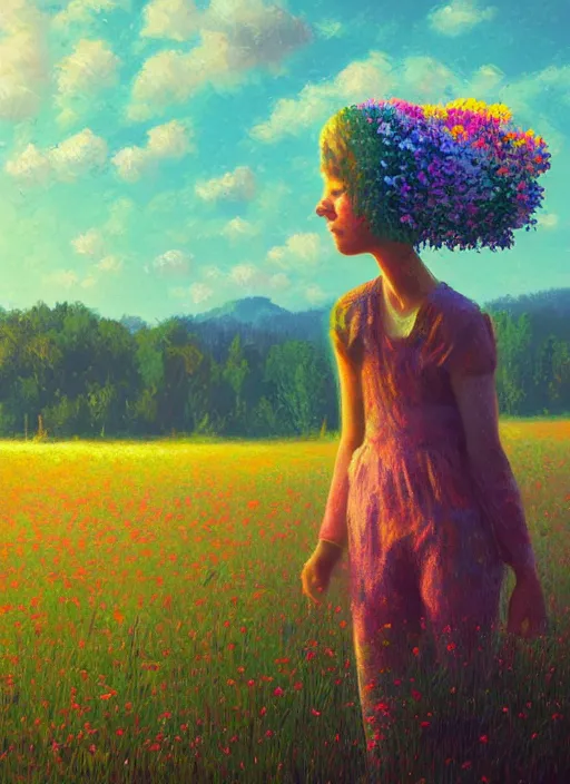 Prompt: girl with flower face, in a field with flowers, hills, big trees, sunrise dramatic light, impressionist painting, colorful clouds, digital painting, pointillism, artstation, simon stalenhag, flower head