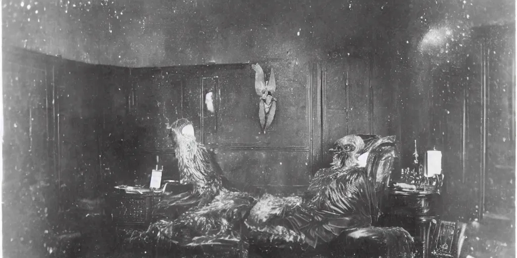 Prompt: mothman is sitting inside a luxurious room, wet version of photography, 1 9 0 0 s