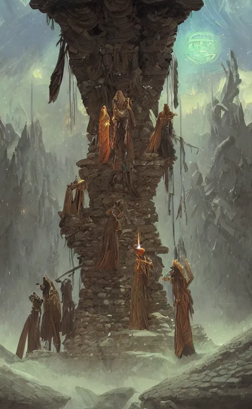 Prompt: druids raising a pyramid ancient ritual under the stars, fantasy fiction, highly detailed, digital painting, artstation, concept art, illustration, art by Greg Rutkowski and alphonse mucha