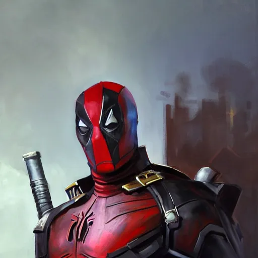 Image similar to greg manchess portrait painting of an armored dark deadpool iron spiderman as overwatch character, medium shot, asymmetrical, profile picture, organic painting, sunny day, matte painting, bold shapes, hard edges, street art, trending on artstation, by huang guangjian, gil elvgren, ruan jia, greg rutkowski, gaston bussiere