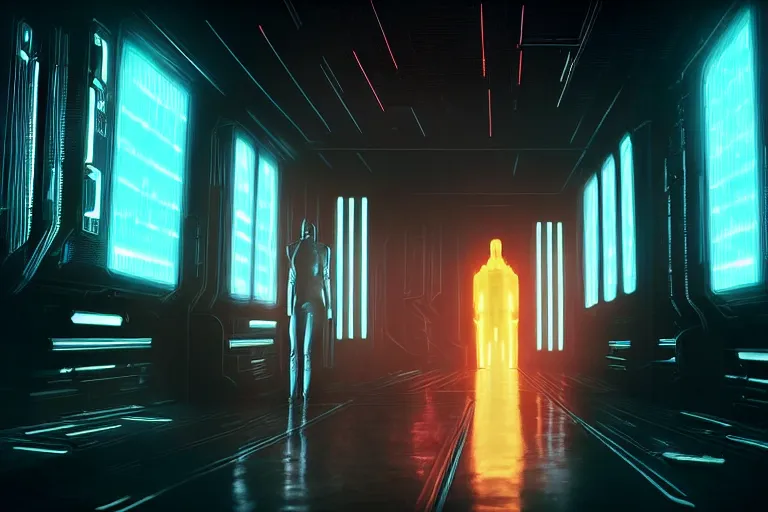 Prompt: a dark vibrant sci - fi rendering of an actor sitting up against the wall in blade runner 2 0 4 9 clothes, spacecraft interior, corridor, rows of doors, sparks from ceiling lights in the style of dead space, cinematic,