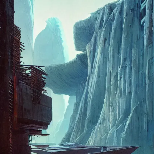 Image similar to view from below of an arcology driven like a spear into the glacier, rust-colored waterfalls pouring from its upper balconies, blue radiation glow beneath, science fiction concept art by Greg Rutkowski and Moebius and Le Corbusier