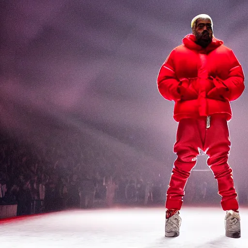 Image similar to kanye west wearing a red puffer jacket and red pants, standing in a stadium, white light shining on him