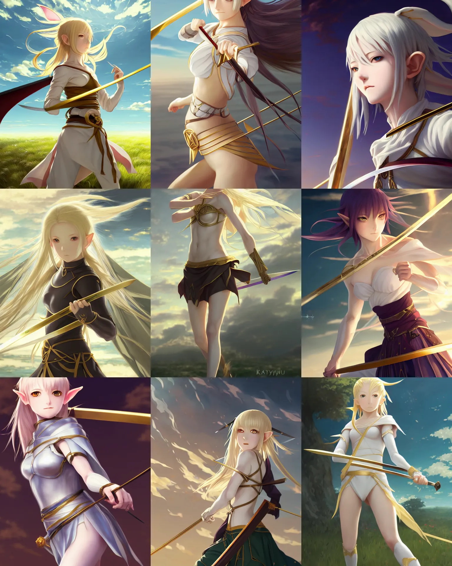 Prompt: renaissance art elf girl with white skin, katana in hand, golden hair blowing the wind, trending artistic art, soft anime, dynamic photography, fate zero, realistic face, extremely high detailed, softy backlit, studio ghibly makoto shinkai yuji yamaguchi, wlop