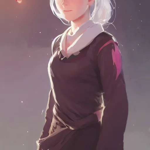 Image similar to full body portrait of a girl sorcerer with white hair in a hairbun, she is wearing a thin subtle red scarf around her neck, she is holding a large wand. cgsociety masterpiece, artstation trending, by rossdraws, ghibli, kimi no na wa, greg rutkowski, simon stalberg, greg manchess