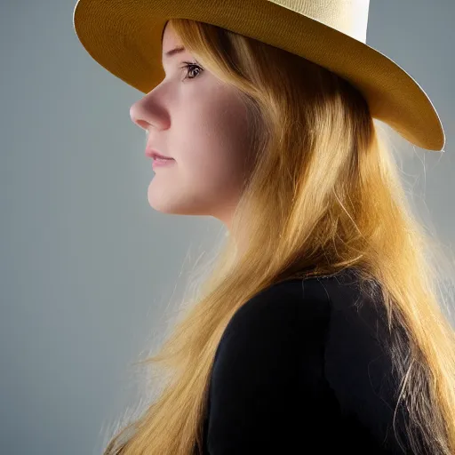 Prompt: portrait of 2 0 - year - old woman with angle lost profile looking away, cinematic colors, medium yellow blond hair, character with a hat, hair comes out of the hat a little