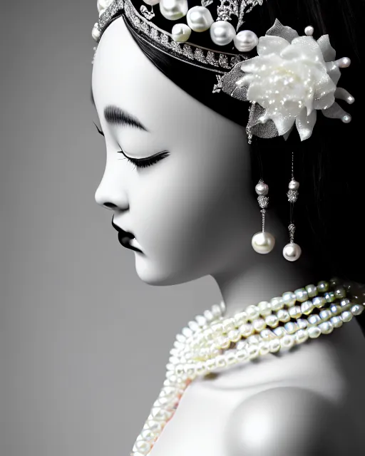 Image similar to black and white dreamy young beautiful crowned female artificial intelligence, crown is full of flowers and pearls, realistic pearl ornament in the face, long hair are intricate with highly detailed realistic pearls, cinematic, rim light, bokeh, photo - realistic, elegant, high detail, 8 k, masterpiece, photo taken in 1 9 3 0