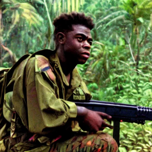 Prompt: film still of kodak black in the jungle as a vietnam door gunner, apocalypse now, associated press,, 2 6 mm, kodak ektachrome, blue tint expired film