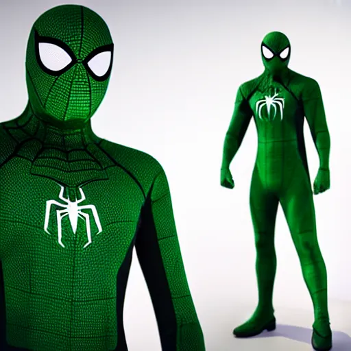 Image similar to green spider - man suit with black web lining, cinematic, volumetric lighting, realistic, hyperdetailed, photorealistic, photograph