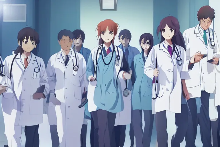 Image similar to a cute young female doctor wearing white coat are leading a group of doctors around a bed in hospital, slice of life anime, cinematic, lighting, 8kHDR, anime scenery by Makoto shinkai