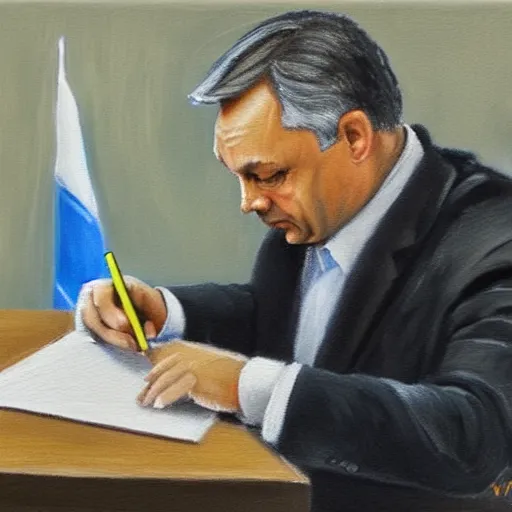 Image similar to viktor orban doodling in a cubicle, oil painting