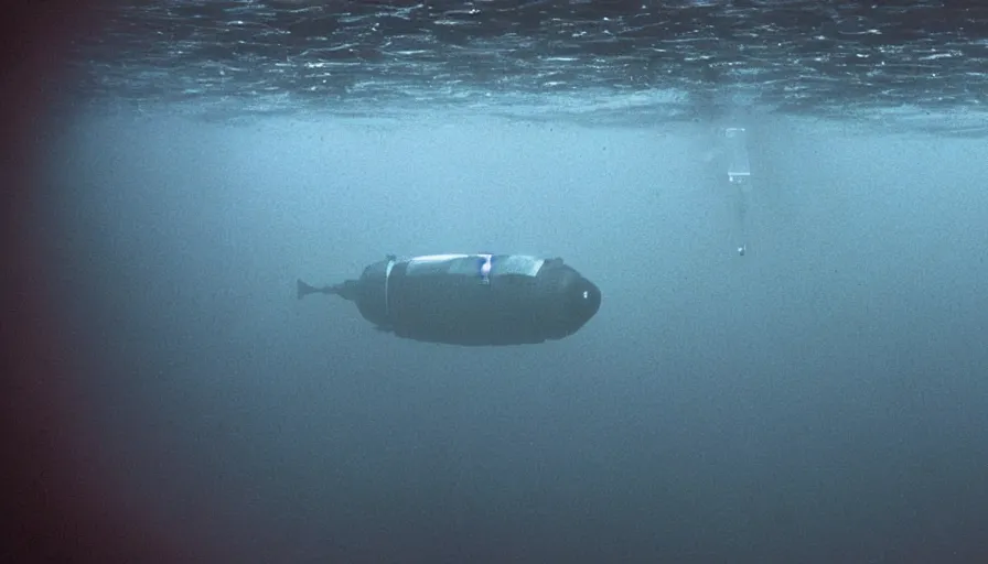 Image similar to Big budget horror movie, a submarine approaches an underwater biolab, deep in the ocean, dark and gloomy