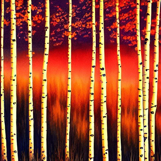 Prompt: beautiful painting of an Aspen forest at sunset, digital art, award winning illustration, golden hour, trending on artstation