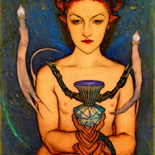 Image similar to the twilight queen with her lantern, by Annie Swynnerton and Nicholas Roerich, bioluminescent skin, tattoos, elaborate costume, geometric ornament, symbolist, smooth, sharp focus, extremely detailed