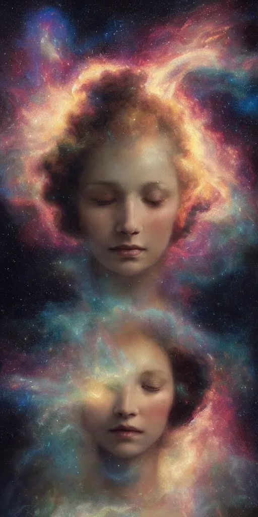 Prompt: breathtaking detailed soft painting of a celestial being in stars and galaxy, gauze dress of fireflies and a golden crescent head, rembrandt style, intricated ribbons of light in a nebulae galaxy in flames, elegant, highly detailed, artstation, concept art, matte, sharp focus, art by Tom Bagshaw, Artgem and Greg Rutkowski