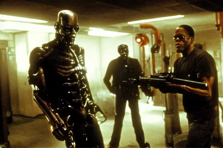 Prompt: Samuel L. Jackson plays Terminator and his endoskeleton is visible, action scene from the film