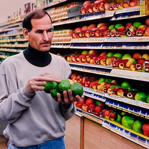 Image similar to Steve jobs selling apples on a supermarket, 35mm lens