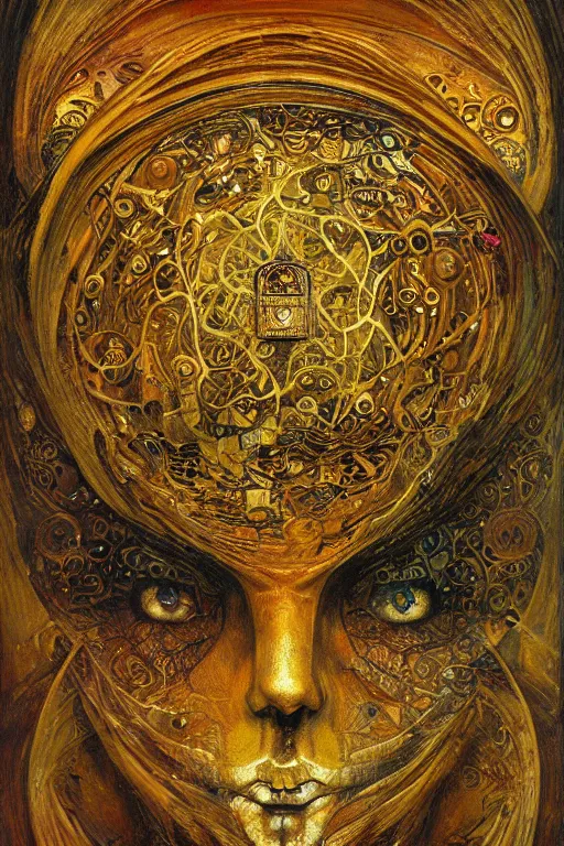 Prompt: The Helliquary by Karol Bak, Jean Deville, Gustav Klimt, and Vincent Van Gogh, lockbox, otherworldly, fractal structures, arcane, inferno, inscribed runes, reliquary, infernal relics, ornate gilded medieval icon, third eye, spirals