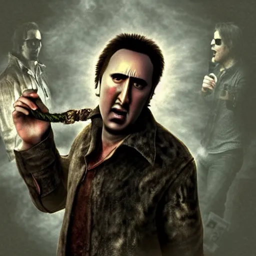 Prompt: angry nicolas cage attacking with a pipe in silent hill, ultra detailed, 8 k