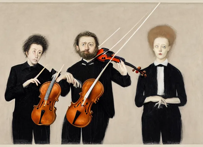 Prompt: portrait of two young violin players getting ready to perform looking, half figure front, francis bacon and pat steir and hilma af klint and james jean, psychological, photorealistic, symmetrical faces, intriguing eyes, rendered in octane, altermodern, masterpiece