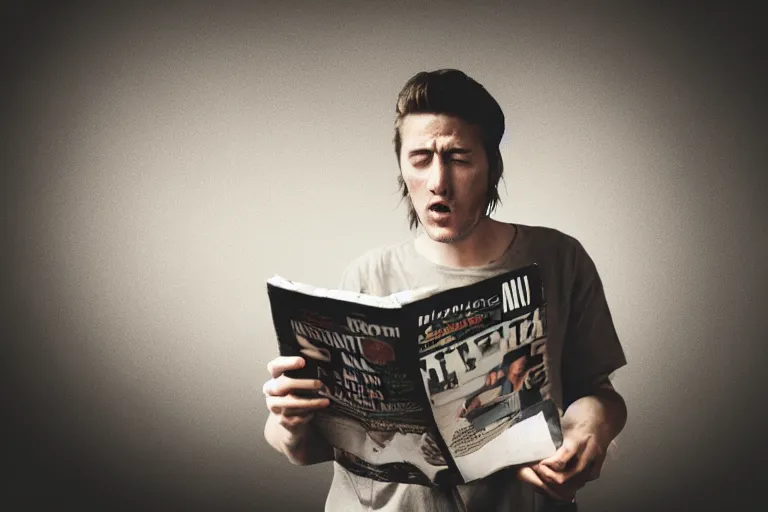 Image similar to realistic exposed expired fuji film portrait of a man being shocked when reading a magazine, hyperrealism, hypermaximalism, photorealistic, detailed, atmospheric, 8 k, award winning photography, cinematic