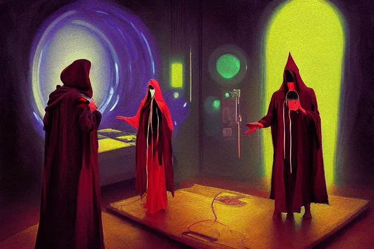 Image similar to ((A beautiful masterpiece painting) (of (a technomancer wizard (in robes (with pointed hood))) (discussing sentience with (his synthesized Al djinn) (in his laboratory (near a computer))) (by (Remedios Varo) and (Anato Finnstark) and (Greg Rutkowski)) (dayglo pink, dayglo blue, dazzle camouflage) (8k, trending on ArtStation)