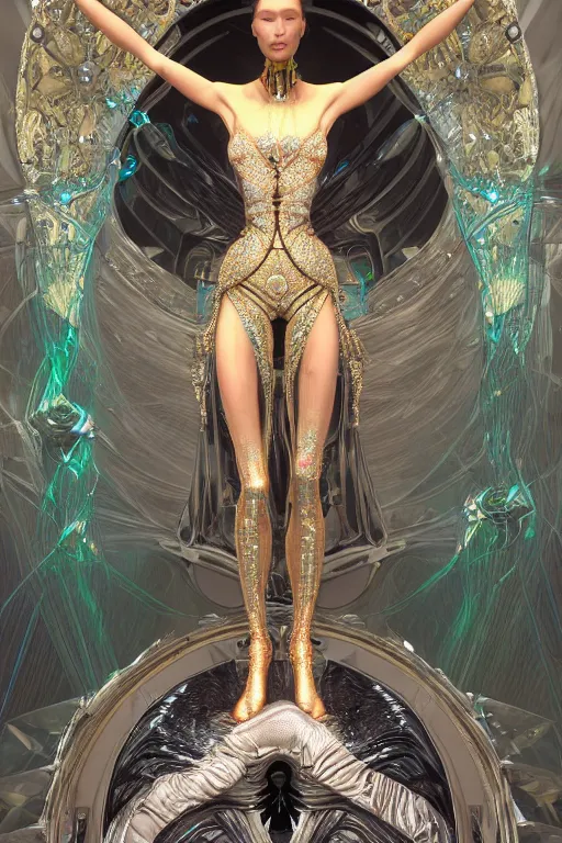 Image similar to a highly detailed metahuman 4 k render of an alien cyberpunk goddess bella hadid in iris van herpen dress schiaparelli in diamonds swarovski and jewelry in style of alphonse mucha gustav klimt trending on artstation made in unreal engine 4