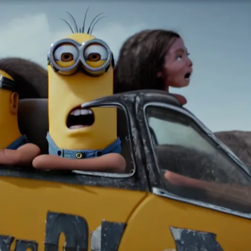 Image similar to a still of minions driving cars in mad max movie, highly detailed cinematography, cinematic, marvel cinematic