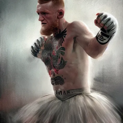 Prompt: connor mcgregor dressed as a ballerina dancing ballet inside the mma ring, highly detailed, digital painting, concept art, art by greg rutkowski, 4 k