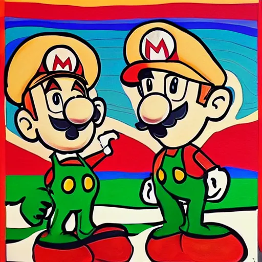 Image similar to a painting of mario and luigi in the style of stanley donwood