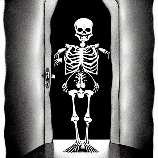 Image similar to storybook illustration of an open wardrobe revealing the entrance to a fantastic world featuring surreal horror skeleton, storybook illustration, monochromatic