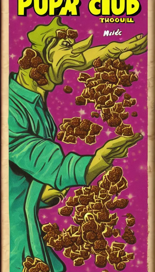 Image similar to pulp cover of a magical chocolate chunks cookie, wizard, fantasy, tetrahydrocannabinol, thc, hallucination, colored smoke, sparkles, sativa, indica, illustration, 5 0 s, risography,