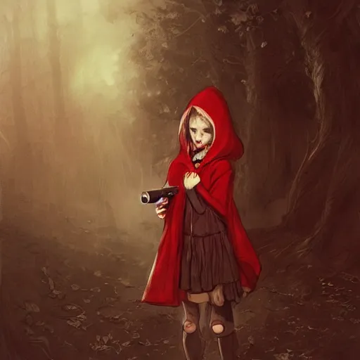 Prompt: cute Little red riding hood stands there crying, tear rolling down cheek, pointing the barrel of a gun the the camera, detailed intricate ink illustration, dark atmosphere, detailed illustration, hd, 4k, digital art, overdetailed art, concept art, by greg rutkowski, by loish, complementing colors, Trending on artstation, deviantart