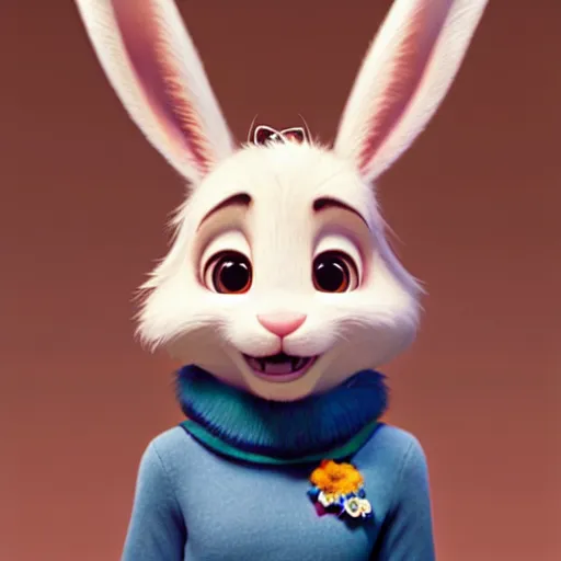 Prompt: promotional art, very very very cute disney pixar friendly white girl bunny character wearing a scarf, white background, iconic film character, detailed fur, concept artwork, 3 d render official art, promotional art, by ilya kuvshinov katsuhiro villeneuve, jeremy lipkin and michael garmash and rob rey, disney pixar zootopia