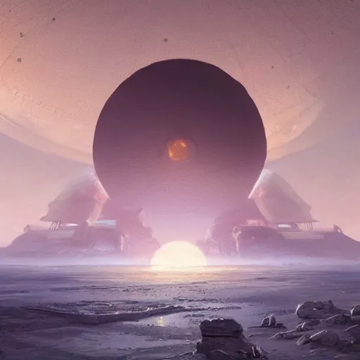 Image similar to A giant circular building, alien design, hidden ina crater on Mars, Sun on the horizon, fantasy art by Greg Rutkowski