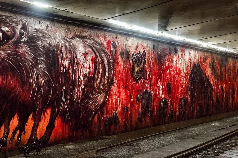 Image similar to very large giant mutant zombie irradiated angry rat staying on railways in tonnel of moscow subway. extreme high detail, very realistic. low dark light, scary mood. hermann nitsch